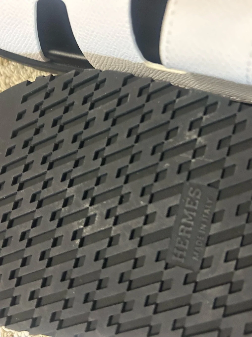 Hermes Black Leather Logo Slide Sandals